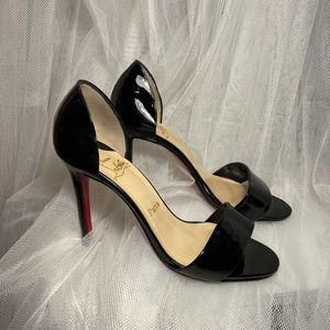 CHRISTIAN LOUBOUTIN BLACK PATENT HEEL SANDAL SZ 37